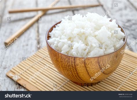 Steamed White Rice In Wooden Cup On Wooden Thailand Cooked Rice In