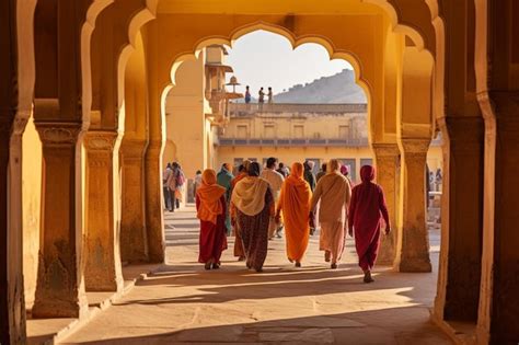 A Group Of People Walking Through An Archway With The Sun Shining On