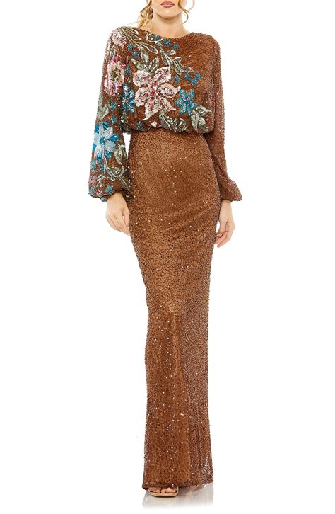 Mac Duggal Embellished Sequin Long Sleeve Blouson Gown In Natural Lyst