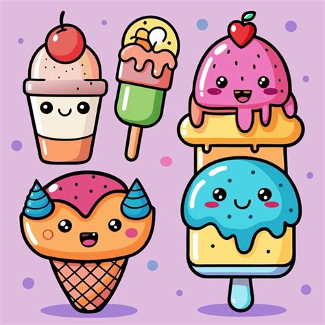 Four Different Cartoon Ice Creams With Cute Faces And Smiling Premium