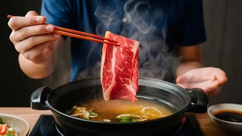 Premium Photo Man Holding Rare Slice Wagyu A Beef Into Shabu Hot Pot Shoyu Soup Base By