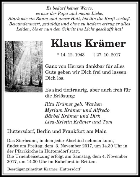 Traueranzeigen Von Klaus Kr Mer Saarbruecker Zeitung Trauer De