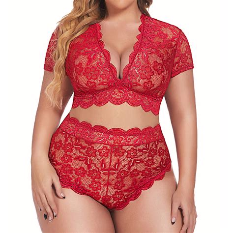 Women S Lingerie Set Plus Size V Neck High Waist Floral Lace Criss