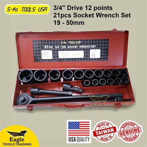 3 4 Drive 12 Points 21pcs Socket Wrench Set 19 50mm Sks Tools USA