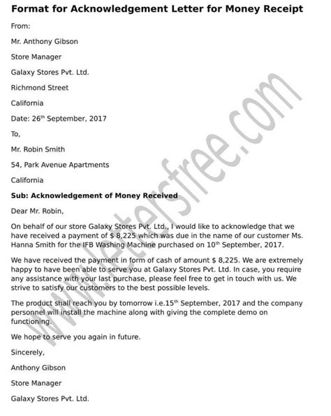 Format For Acknowledgement Letter For Money Receipt Free Letters