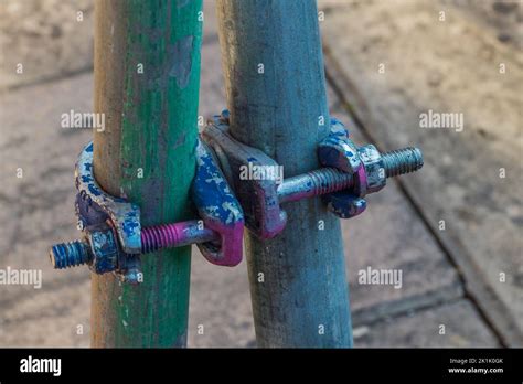 Scaffolding poles on a domestic property Stock Photo - Alamy