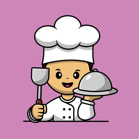 Cute Boy Chef Holding Cloche Food And Spatula Cartoon Vector Icon