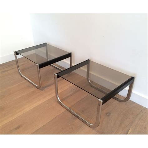 Paire De Tables D Appoint Vintage En Chrome Bois Noirci Et Verre 1970