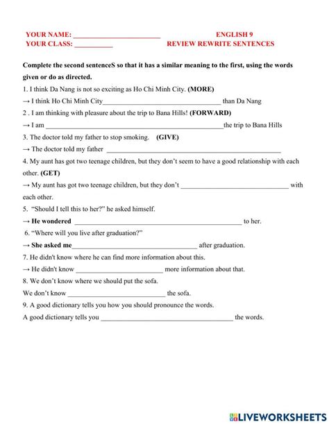 Review Rewrite Sentences Worksheet Live Worksheets