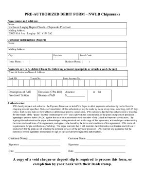 Fillable Online Pre Authorized Debit Form Nwlb Chipmunks Fax Email