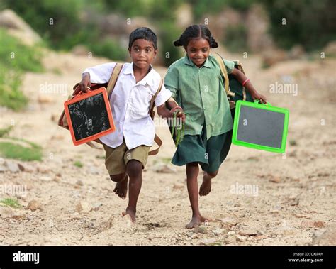 Indian School Children Running To Go To School Andhra Pradesh South