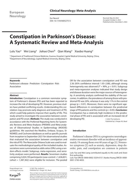 Pdf Constipation In Parkinsons Disease A Systematic Review And Meta