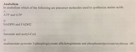 Solved Anabolism Anabolic and catabolic pathways are | Chegg.com