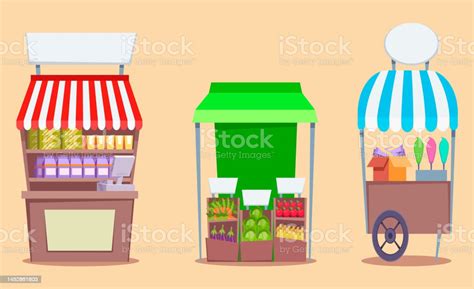 Street Market Stalls Or Stands Vector Illustrations Set Stock