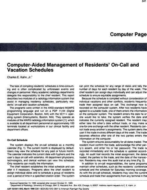 Computer Aided Management Of Residents On Call And Vacation Schedules Ajr