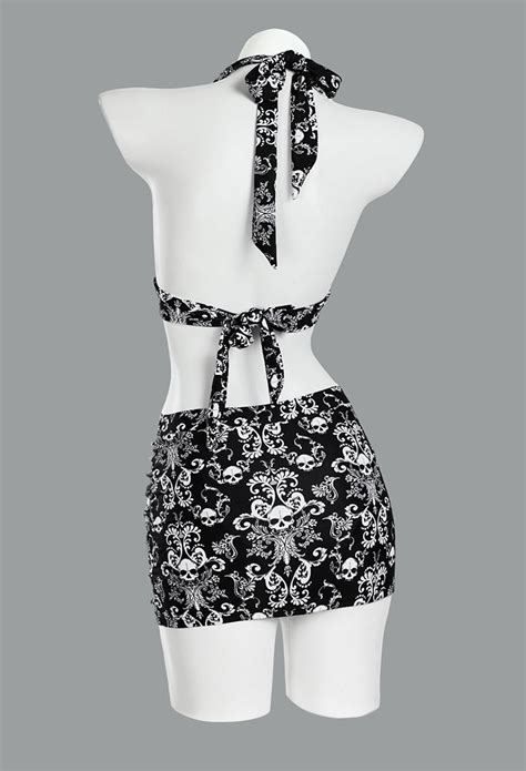 Women Gothic Black Vintage Style Skull Pattern Two Piece Swimsuit Bikini Set Halter Top And