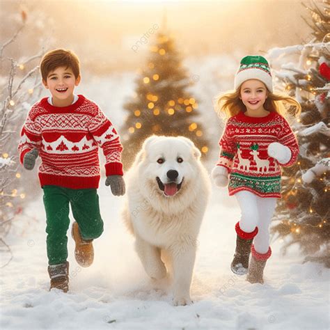 Kids And Great Pyrenees Enjoy Christmas Vector Background Kids And