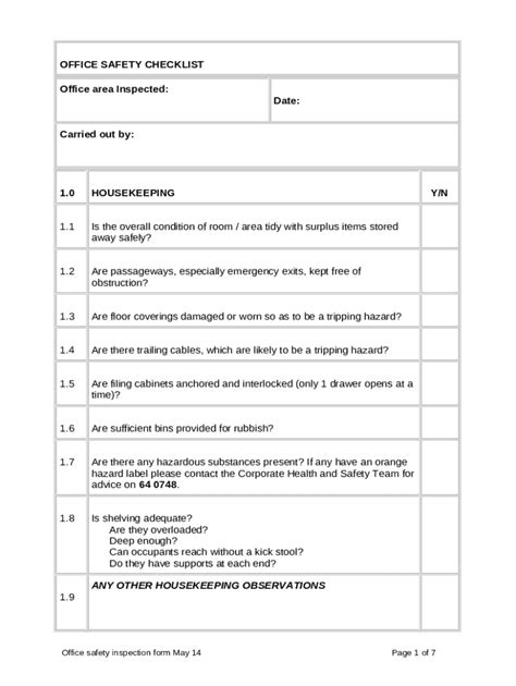 Ohs Programworkplace Inspection Checklist Office Doc Template