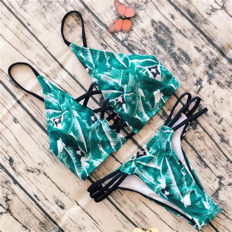 2018 Brazilian Bikini Green Leaf Printed Swimsuit Sexy Swimwear Hollow