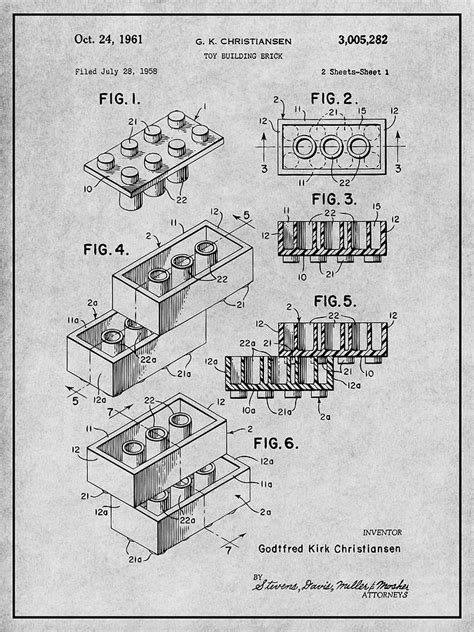 1961 Lego Toy Building Blocks Patent Print Gray Drawing By Greg Edwards