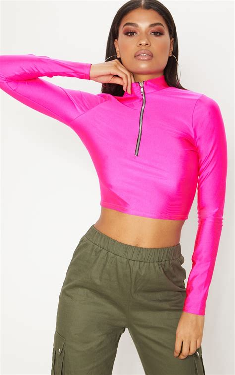 Hot Pink Disco Zip Front High Neck Long Sleeve Crop Top Prettylittlething