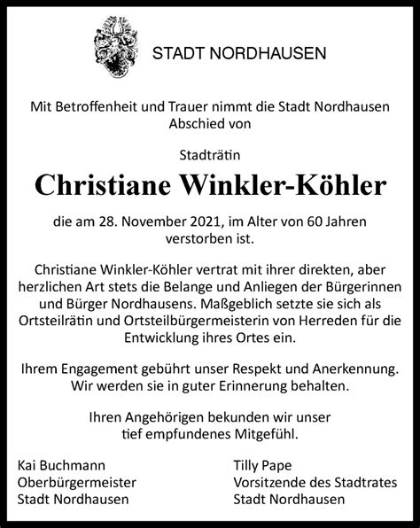 Traueranzeigen von Christiane Winkler Köhler trauer in thueringen de