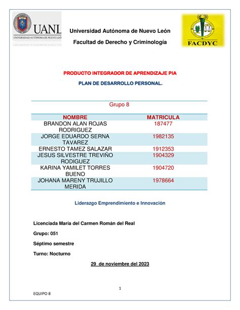 PIA PRODUCTO INTEGRADOR DE APRENDIZAJE En Equipo 8 LEI 1 Universidad