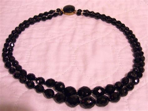 Vintage Black Glass Bead Double Strand Necklace Faceted Glass Clasp