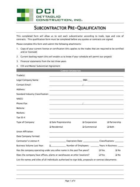 Fillable Online SUBCONTRACTOR PRE QUALIFICATION This Completed Form