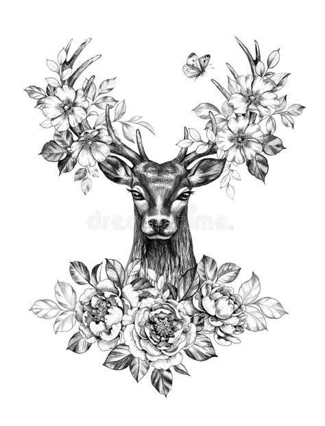 Deer With Flowers And Butterfly Pencil Drawing Stock Illustration