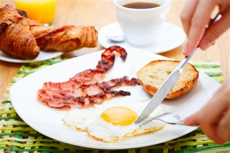 American Breakfast With Sunny Side Up Eggs Bacon Toast Pancakes