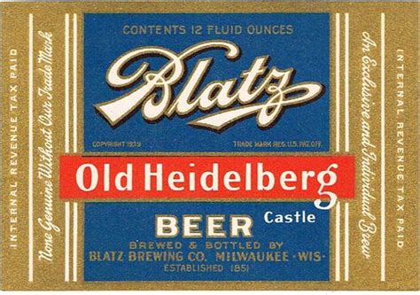 1939 Blatz Old Heidelberg Castle Beer 12oz Wi288 63v Label Milwaukee