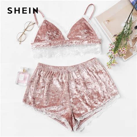 Shein Pink Eyelash Lace Trim Velvet Cami Top And Shorts Pj Set Sexy