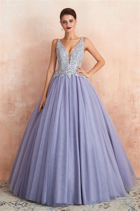 Ball Gown Appliqued Lavender Prom Dress With Beading Purple Prom