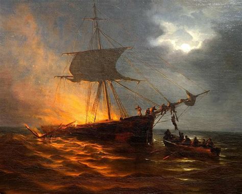 Burning Ship At Sea 1868 George Lourens Kiers Ship Drawing Burning