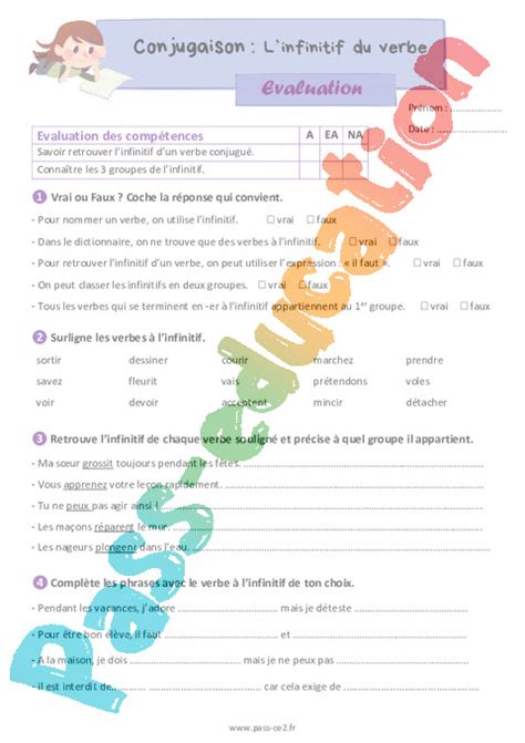 Infinitif du verbe Évaluation de conjugaison pour le ce2 PDF à imprimer