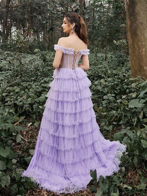 Sheer Mesh Bodice Cascading Ruffle Hem Prom Lilac Lavender Dress