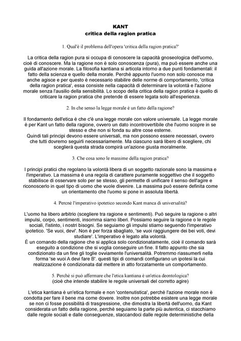 Critica Ragione Pratica Kant Critica Della Ragion Pratica Qual Il