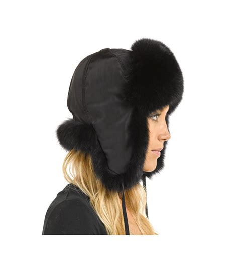 Womens Black Fox Fur Trapper Hat With Pom Poms FurHatWorld