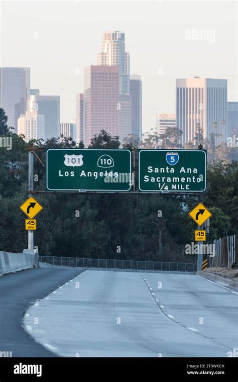 Los Angeles Route And Overhead Freeway Sign In Southern