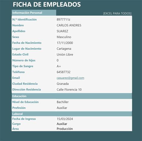 Modelo Ficha De Empleado En Excel Descarga Gratis