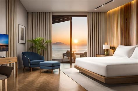 Premium AI Image | A hotel room with a view of the ocean and a bed with ...