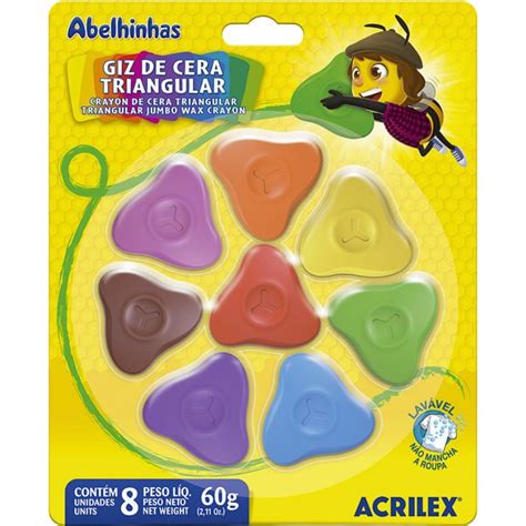 Giz De Cera Triangular 8 Cores Acrilex 09324 Na Papelaria Art Nova