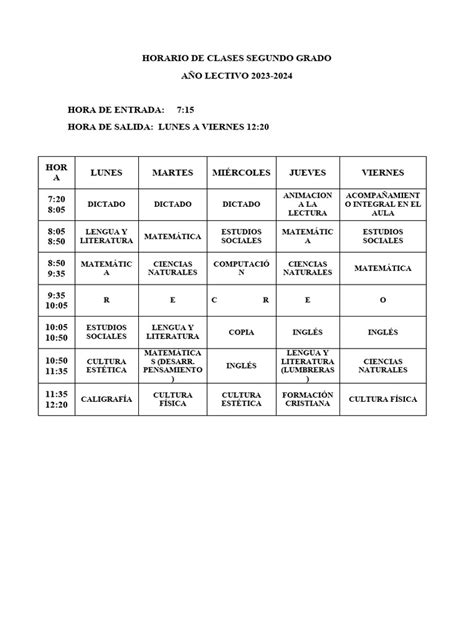 Horario De Clases Segundo Grado 2023 Pdf