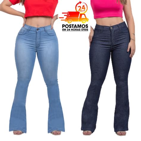 Calça Jeans Flare Feminina Cós Alto Lycra Elastano Shopee Brasil