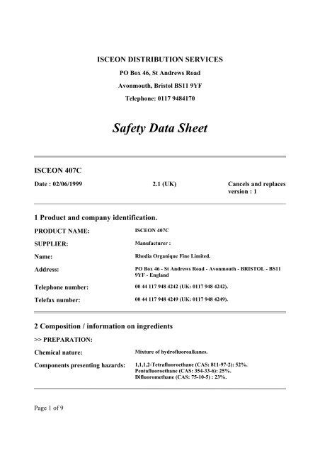 Safety Data Sheet Refrigerant Gas R C National