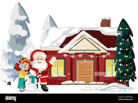 Snow Covered House With Santa Claus And Christmas Decorated Trees Illustration Stock Vector