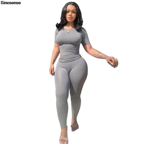 Sexy Knitted Ribbed Two Piece Set Tracksuit Women Short Sleeve T