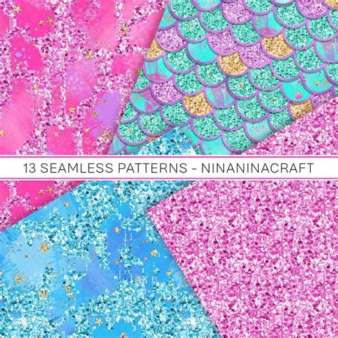 Mermaid Glitter Digital Paper Pack Colorful Rainbow Glitter Seamless