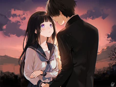 Black Hair Blush Chitanda Eru Clouds Hyouka Long Hair Male Mery